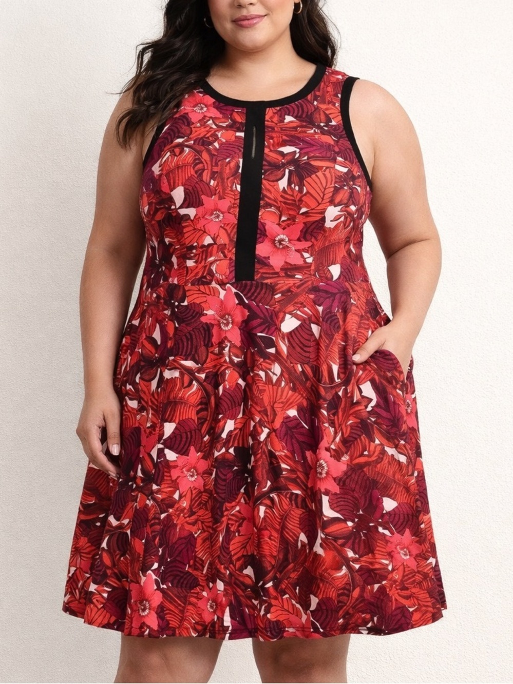 ABS Allen Schwartz 3X Red Floral Fit & Flare Dress Keyhole Scuba Pockets Plus Sz
